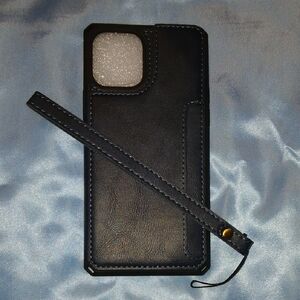 Premium Black Leather Phone Case with Strap